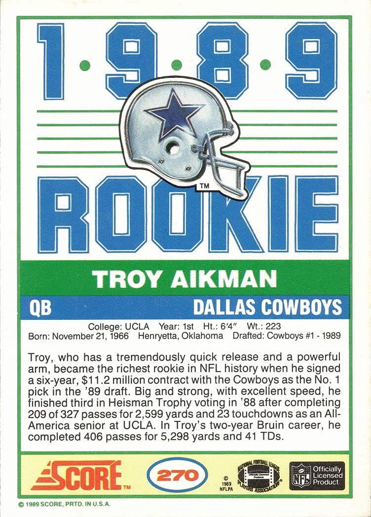 NFL Troy Aikman サインカード Troy Aikman 1989 Score Football Autograph Auto Rookie Card