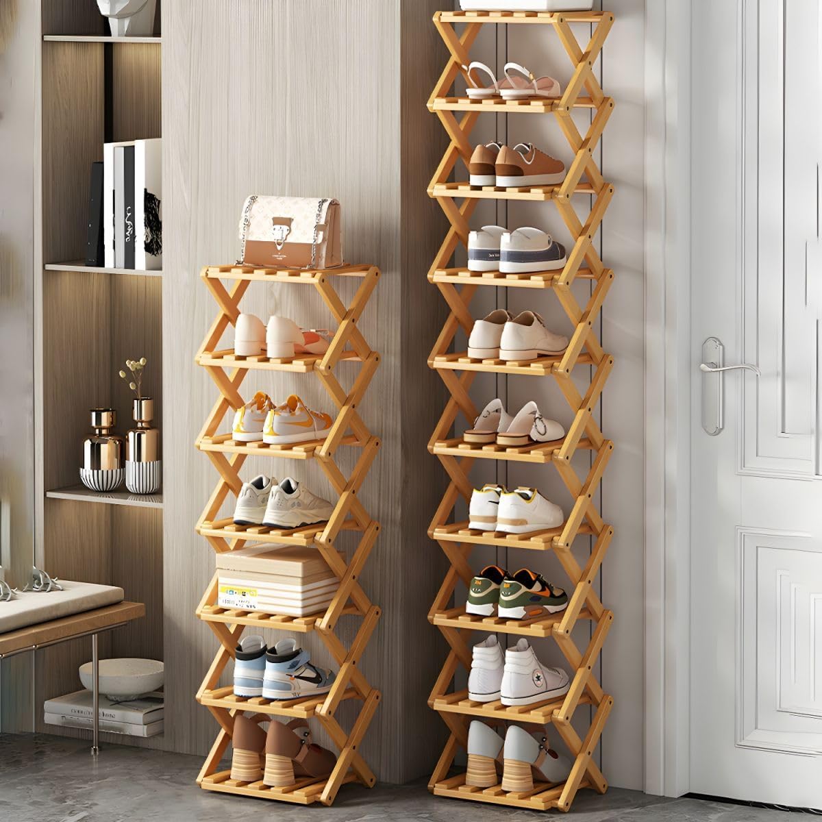 CraftThink Foldable Shoe Rack, Bamboo Modern Folding Shoe Storage Rack Free Standing Shoe Shelf Organizer for Corridors Entryway Corner and Small Spaces (Tan, 9-Tier |10" L x 10" W x 63" H|)