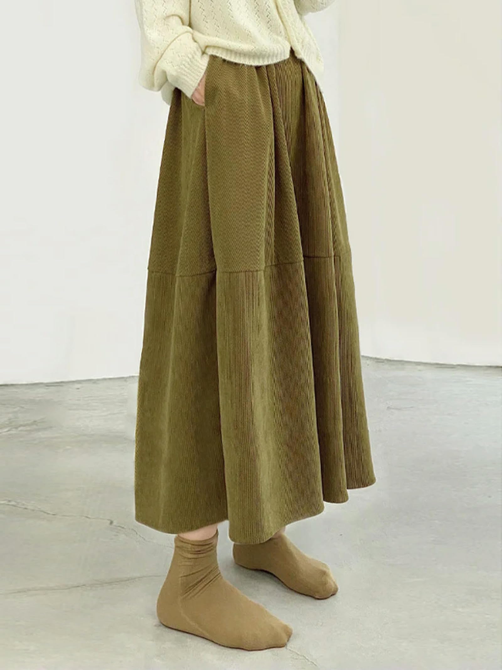 MdybF Gonna Lunga Donna Gonna Lunga Midi Velluto A Coste Femminile con Tasche alla Moda con Gonne Oscillanti A Pieghe in Alto Inverno Autunno Inverno-Verde-Taglia Unica