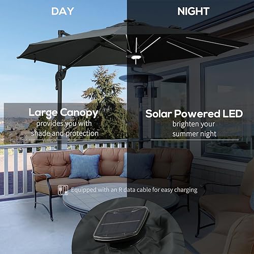 Miniatura 4 de Outsunny Sombrilla solar LED voladiza de 10 pies para patio, sombrilla de aluminio para colgar al aire libre con rotación de 360 grados, luces,