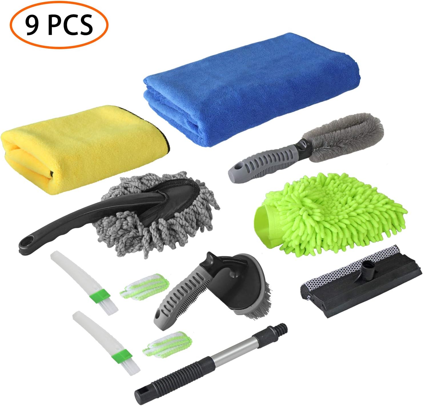 Car Washing Cleanning Tools Kit 9PCS with Car Wash Mitt,Wash Tire Brush,Indoor Double Head Window Brush,Duster,Wash Cloth,Double Head Car Vent Brush Car Cleaner Kit