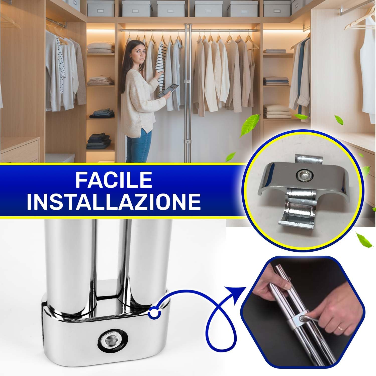 2 Pezzi Porta Tubo Parallelo con 2 Fori Ø 25,5 mm 85x31 mm è Cromato ed è Adatto per Struttura Cabina Armadio Componibile - Garanzia di 10 Anni - MONTERAL