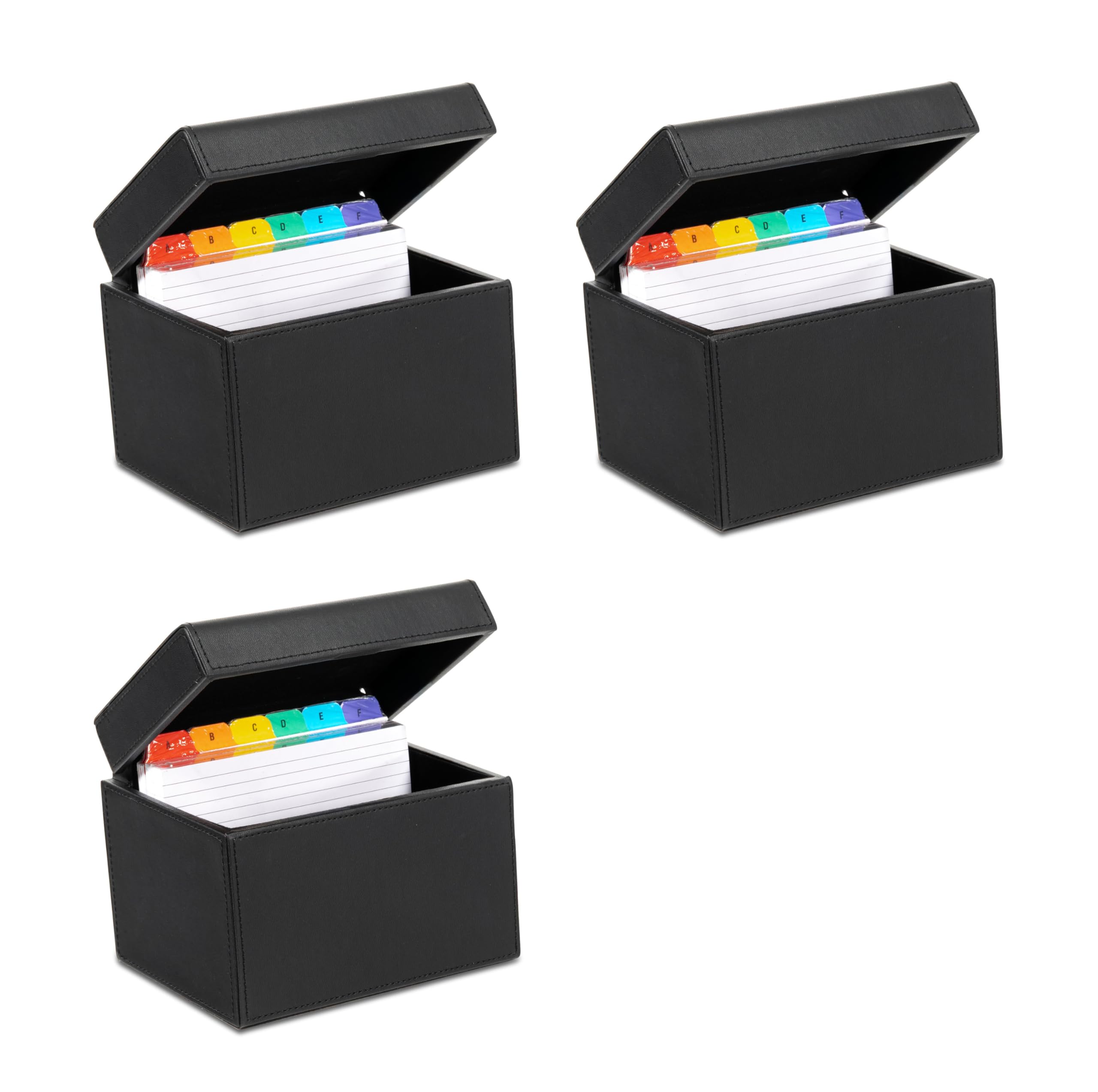 OSCO Black Faux Leather Index Box, 3 Pack, A to Z Divider Tabs, 100 Lined Note Cards, Ruled Revision Flash Card, Recipe Notes, Office Contacts, Desktop Organiser, Holds 6" × 4" Cards (148 × 105 mm)