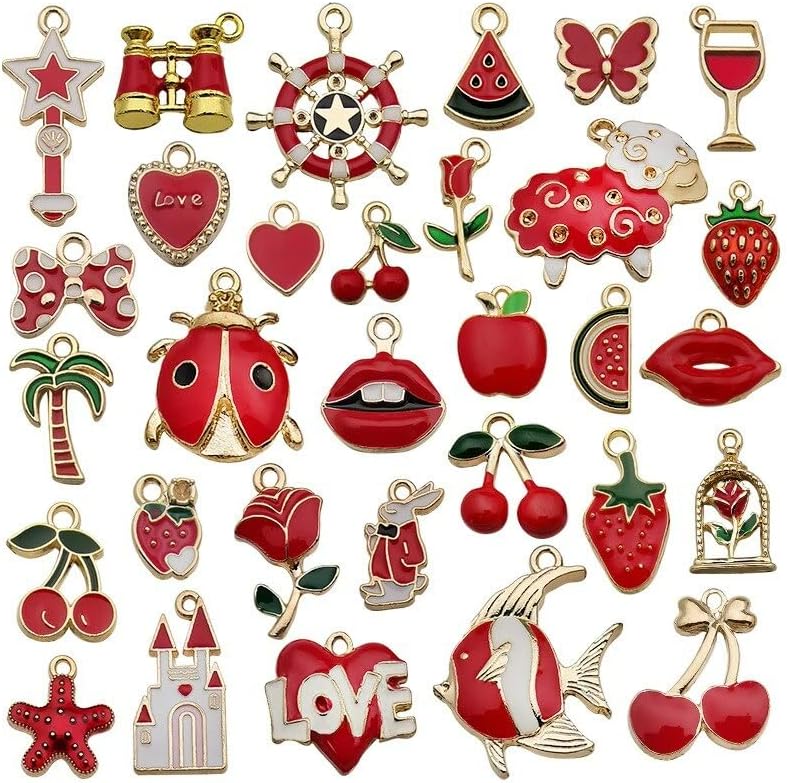 - 1 Set 31pcs DIY Mixed Assorted Gold Plated Enamel Charm Unicorn Flower Dress Fish Shell Moon Star Animals Pendant DIY for Necklace Bracelet Jewelry Making and Crafting Charms