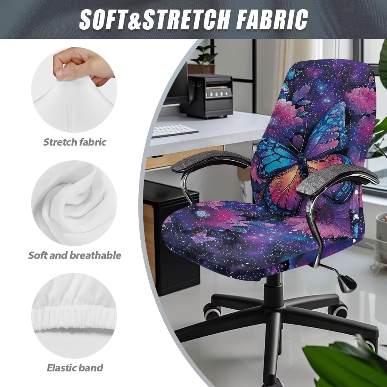 Talayituse Galaxy Butterfly Flower Print Office Chair Cover Desk Chairs Cover Stretch Washable Computer Chair Slipcovers for Swivel Chair Armchair Computer Boss Chairs, Large