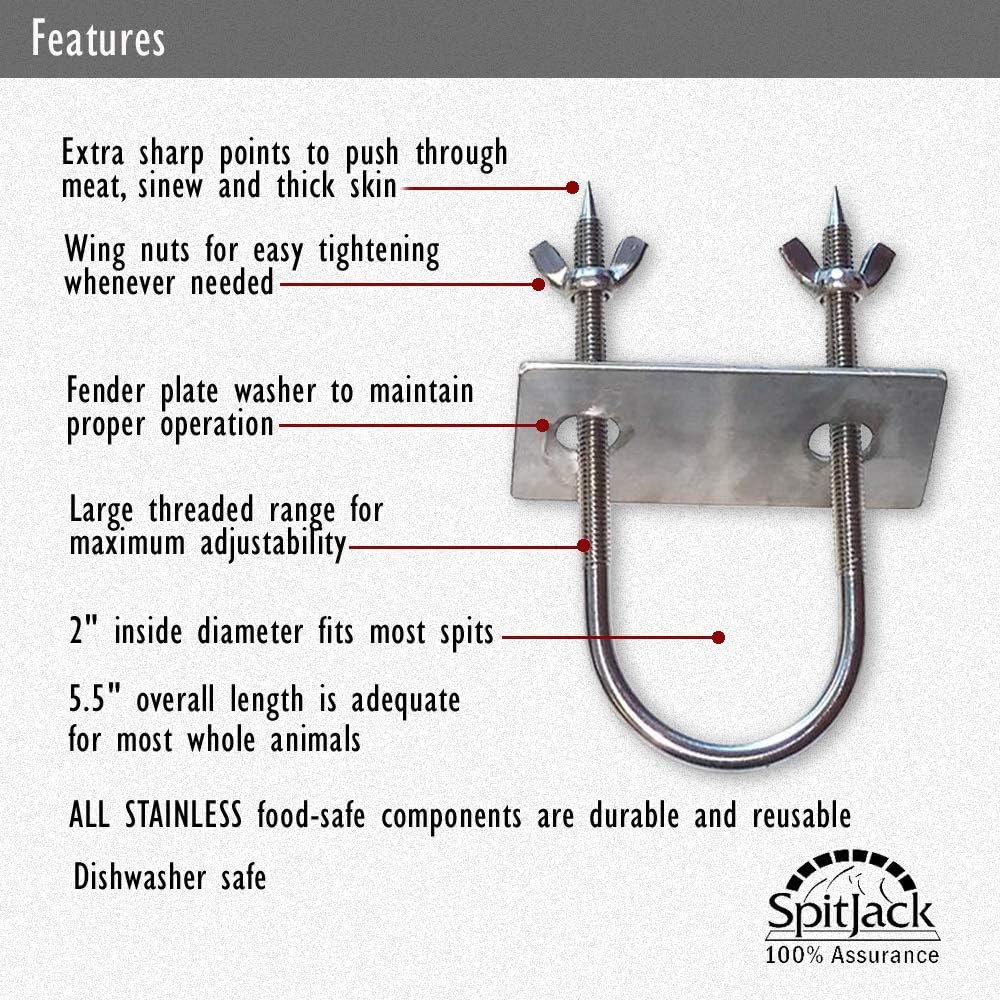 SPITJACK Stainless Rotisserie Fork U-Bolt, 5.5 Inches Long Meat Trussing Accessories. 2 Inch Wide Spit Rod Capacity. Rotisserie Parts for Whole BBQ Pig, Hog, Lamb and Turkey. (2 Pack)