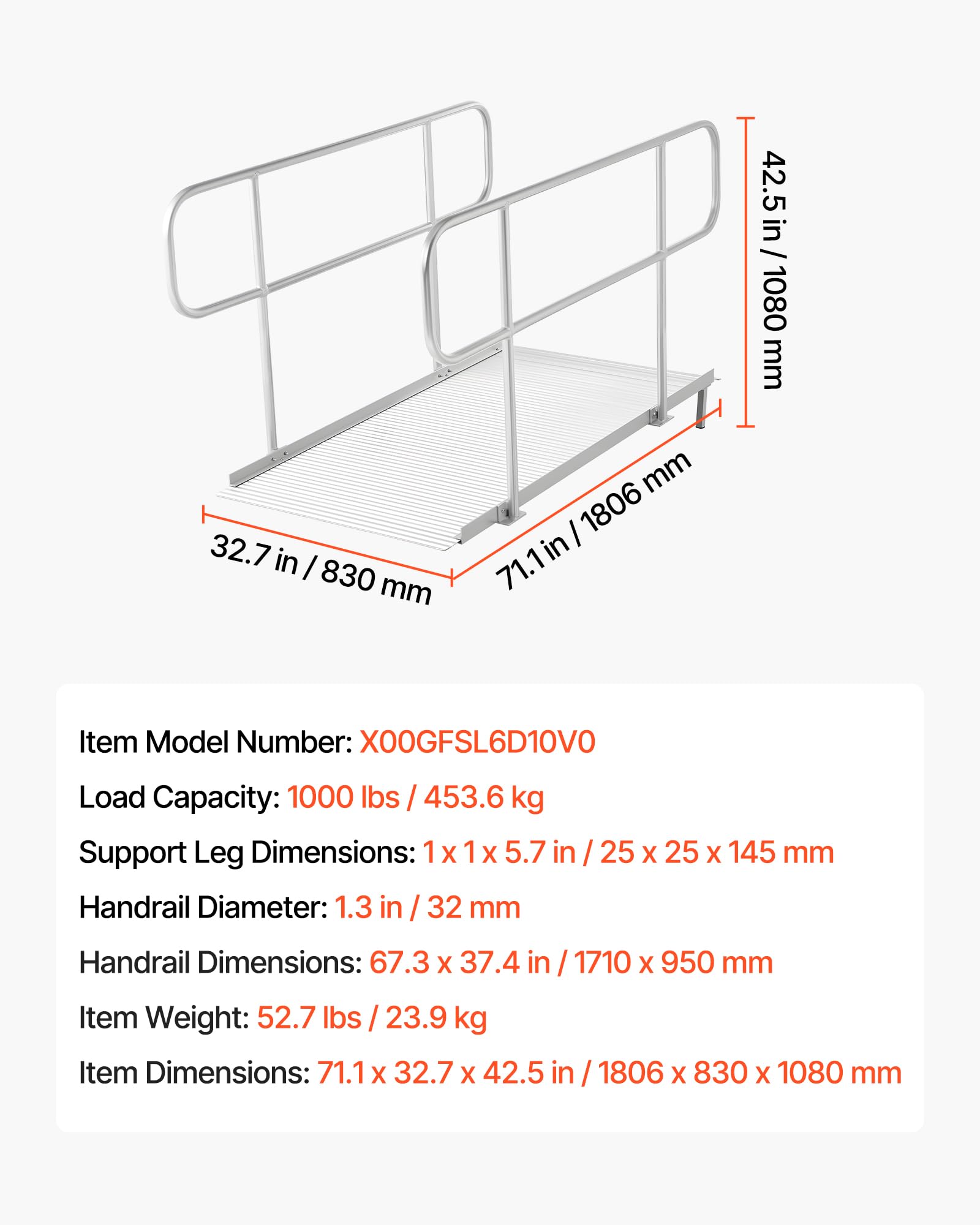 VEVOR Rampa per Sedia a Rotelle con Corrimano, 180 x 83 cm, Rampa per Soglia della Porta in Alluminio Resistente, Portata Massima 453,6 kg, Design Portatile per Gradini, Scale, Porte, Marciapiedi