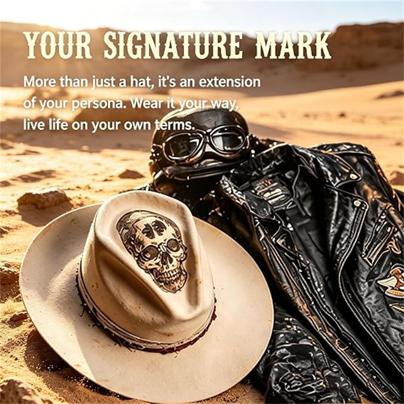 Cappello da Cowboy con Teschio Hellfire Bianco Avorio, Cappello da Cowboy Western Vintage Invecchiato con Fascia per Cappelli con Teschi per Rodeo, Concerto Country
