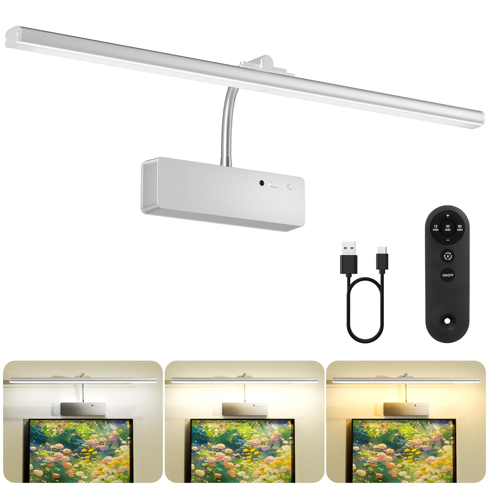 Lightbiz Picture Light, 20inch 6000mAh Rechargeable Picture Lights for Wall Battery Operated Wall Lights, 3 Colors Paintings Light Dimmable Art Light for Artwork, Gallery (Silver)