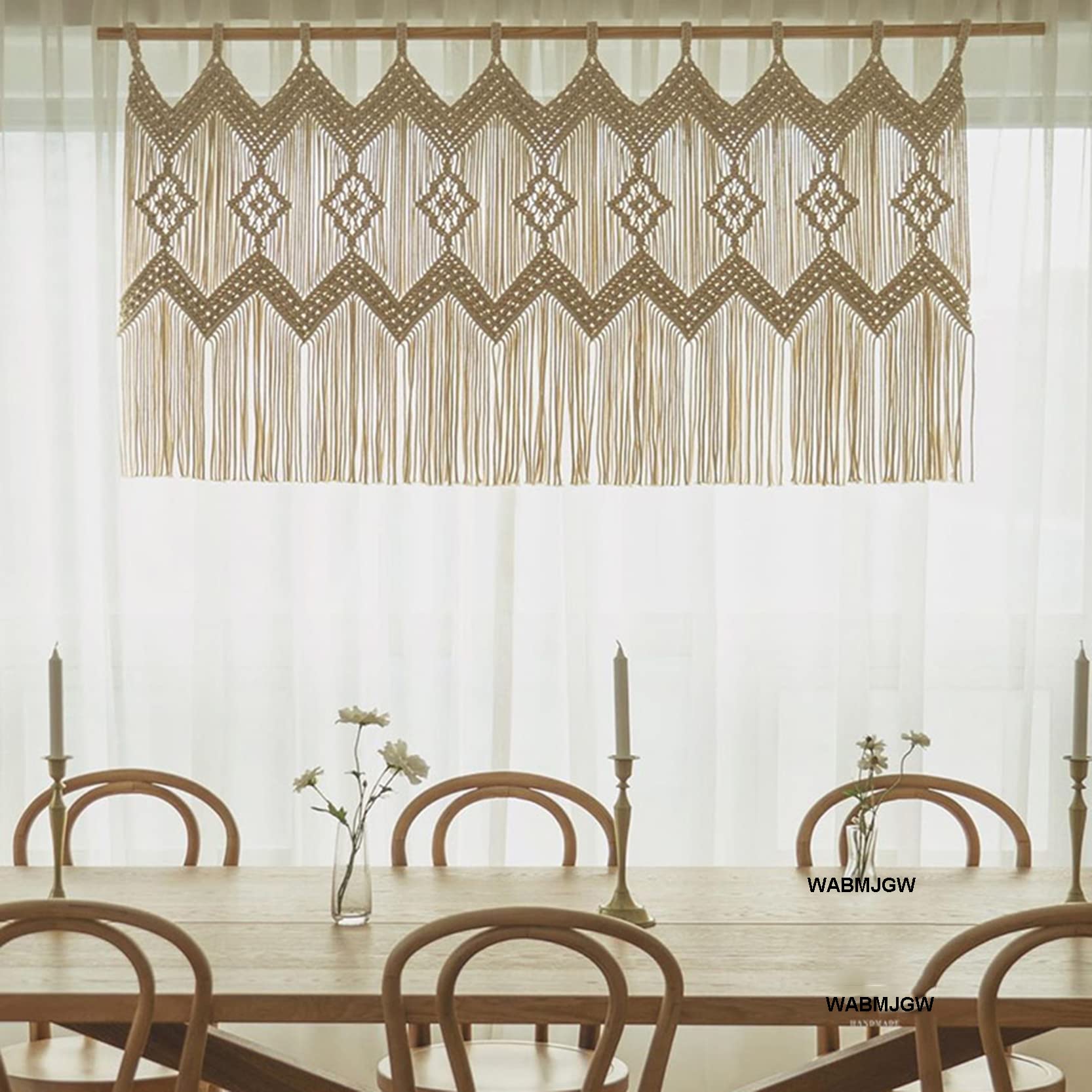 Makramee Wandbehang Große Wandbehang Textil Handgemachte Makramee Wandbehang Wanddekoration Baumwolle Kordel Makramee Vorhang Kunst Fenster Bordüre Beige-120x60cm