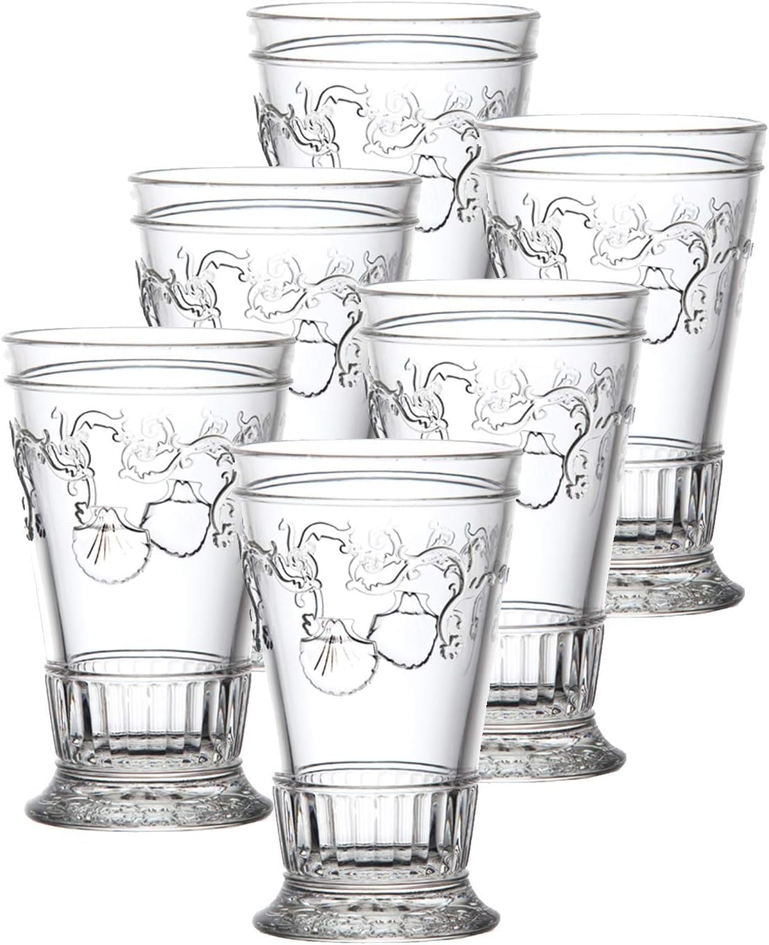 La Rochere Versailles Glass Set of 6 – Classic French Double Old Fashioned Glasses with Shell & Flower Motif – Elegant Tall Glass Tumblers for Cocktails, Ice Tea & Entertaining (11.5 Oz)