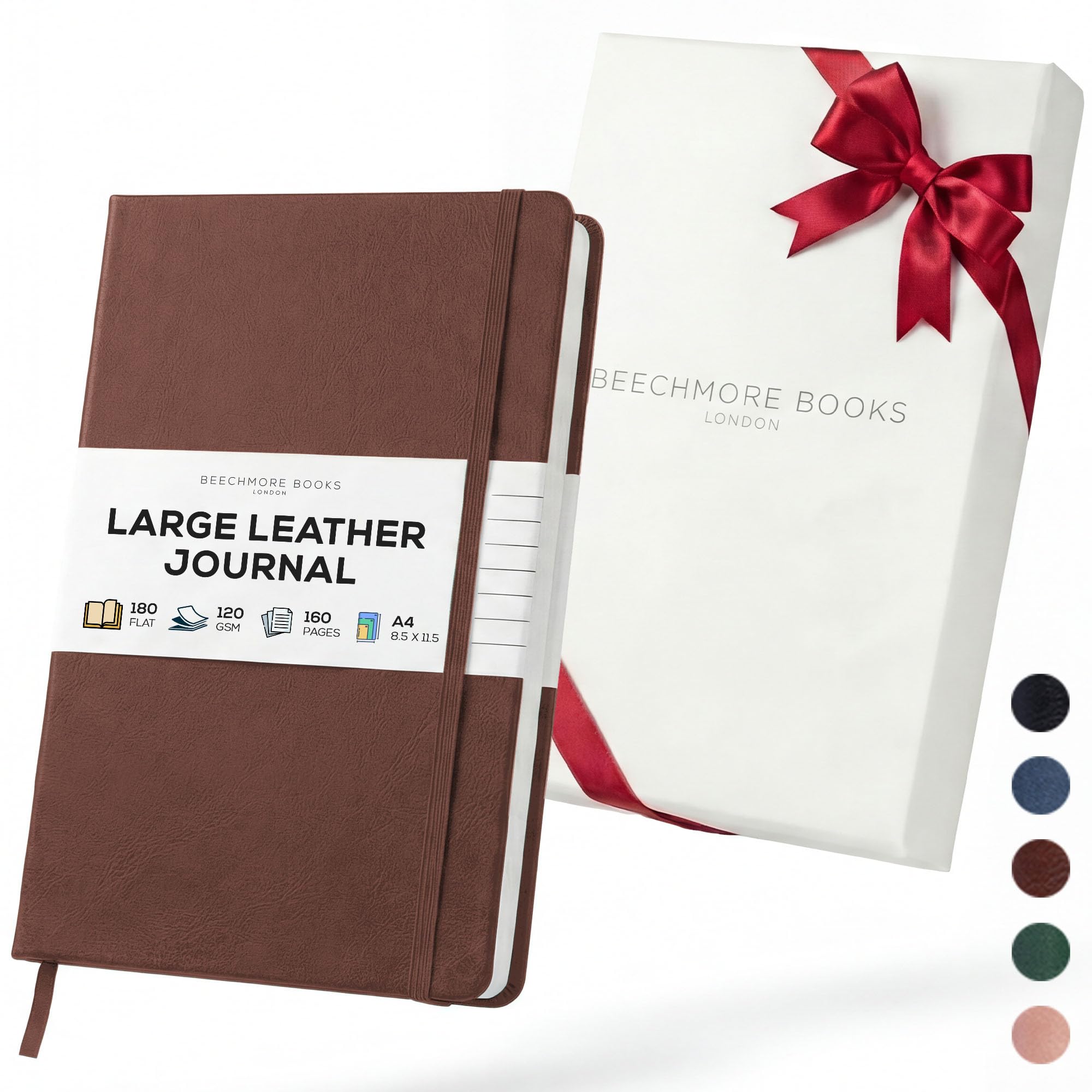 BEECHMORE BOOKS Large Lined Journal Notebook, 8.5" x 11.5" (A4) Hardcover Vegan Leather Executive Diary for Work, Thick 120gsm Paper, Lay-Flat Binding, Gift Box (Chestnut Brown)