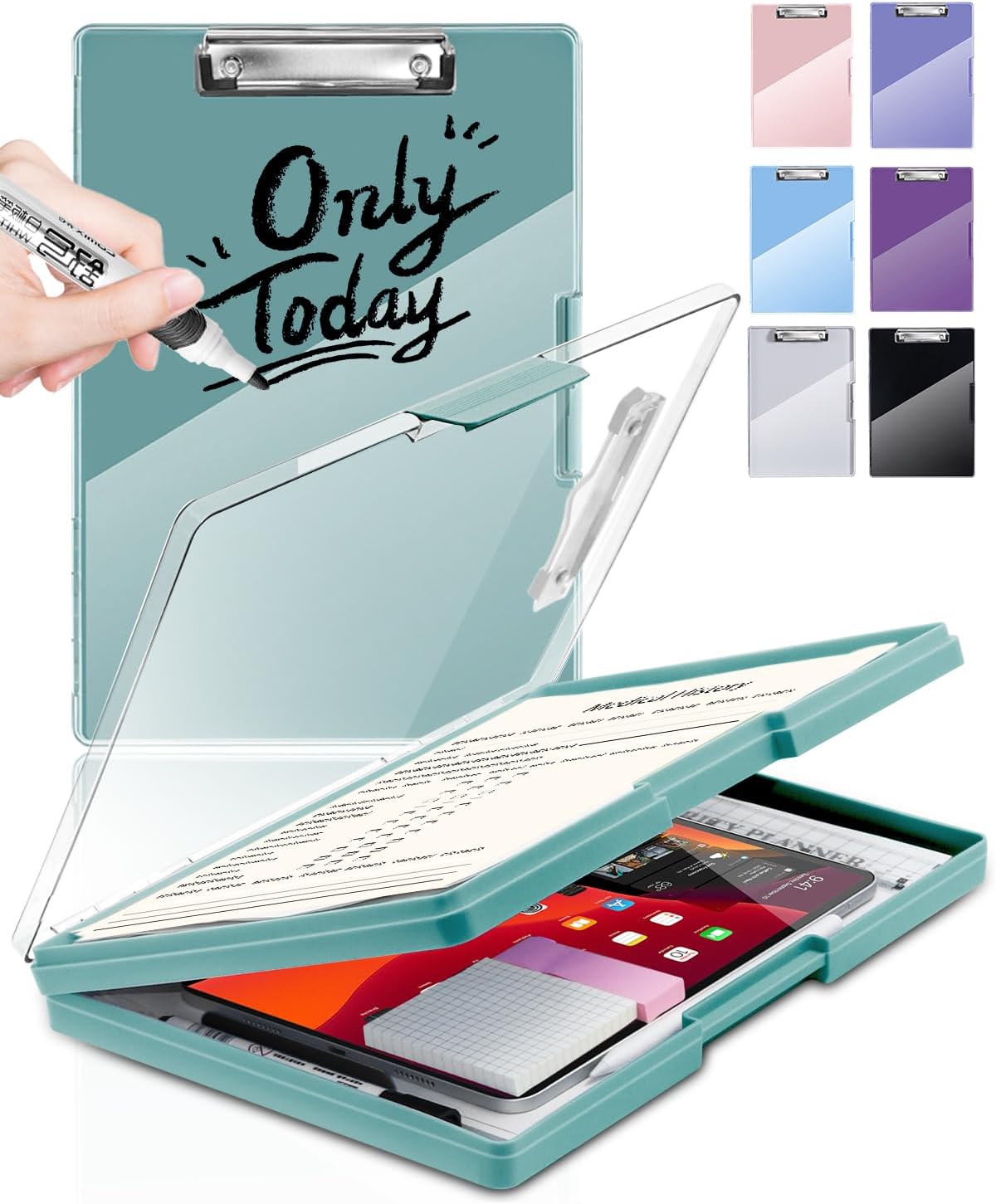 Clearview Clipboard with 2 Storage, Dry Erase 8.5x11 Heavy Duty ClipBoards - High Capacity Coaches Clip Board with Pen Holder - Side Opening Plastic Nursing Clip Case (Turquoise)