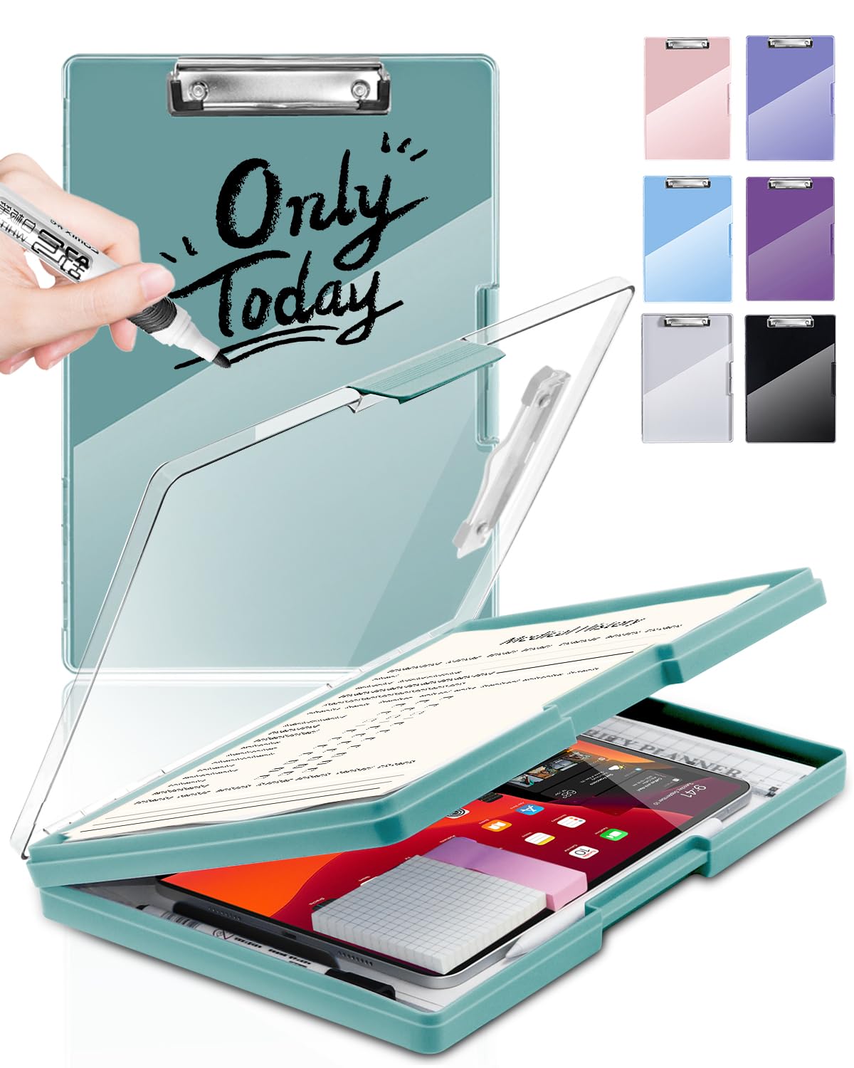 Clearview Clipboard with 2 Storage, Dry Erase 8.5x11 Heavy Duty ClipBoards - High Capacity Coaches Clip Board with Pen Holder - Side Opening Plastic Nursing Clip Case (Turquoise)