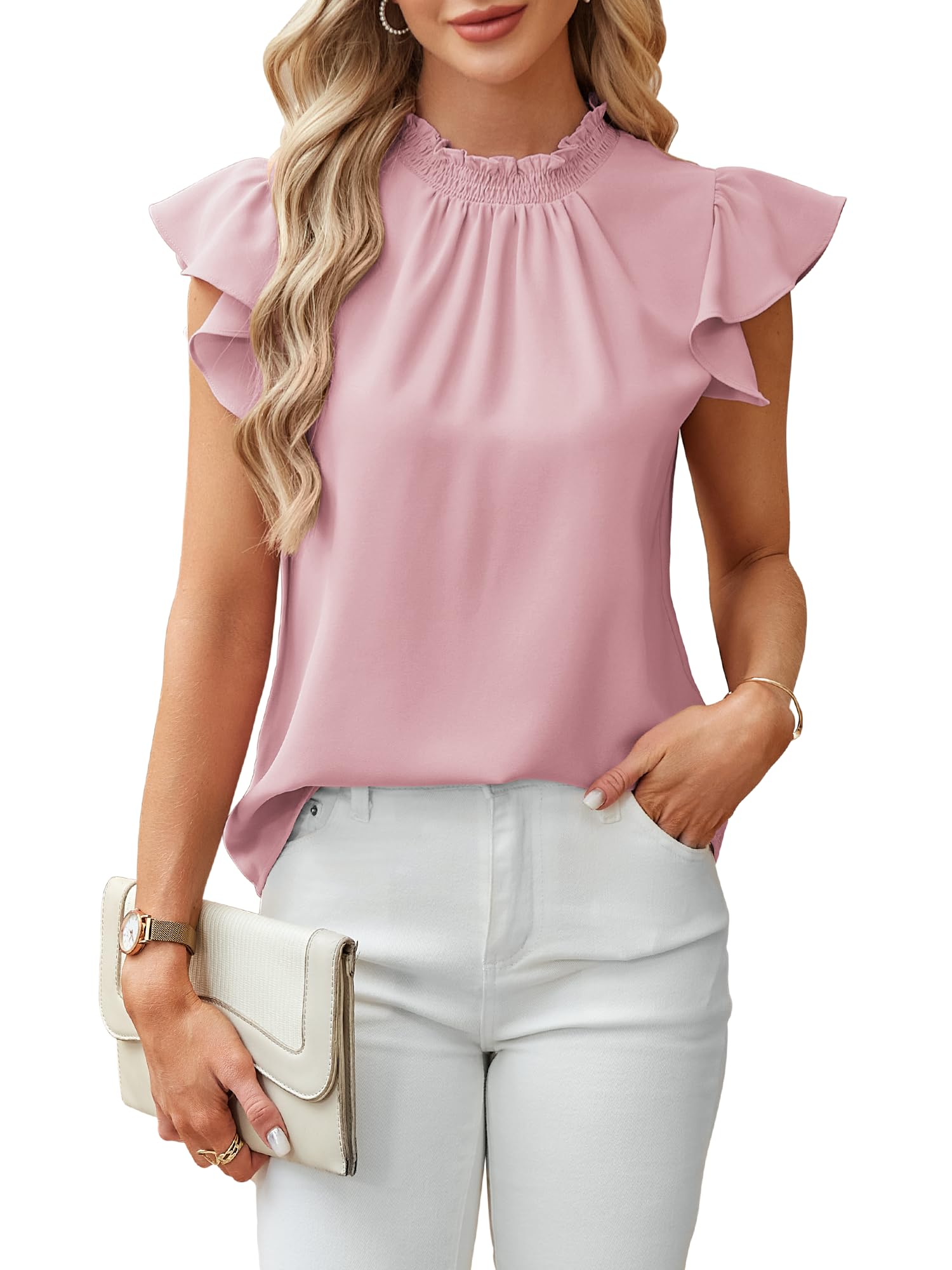 Toplop Tshirt Damen Sommer Kurzarm Rüschenärmel Bluse Shirt Elegant Mock Neck Oberteil Tunika Tops