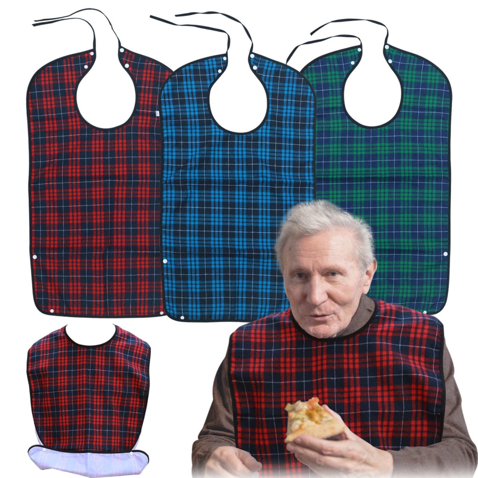 Generic Adult Bibs for Eating, Pack of 3 - Reusable Bibs for Adults Men, Women, Clothing Protector with Crumb Catcher, Large Bids for Elderly Seniors and Disabled, Waterproof & Machine Washable