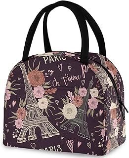 Retro Paris Eiffel Tower Hearts Flowers Reusable Lunch Tote Bag Insulated Thermal Cooler Container Bag for Back to School Work Picnic Travel Fishing Beach