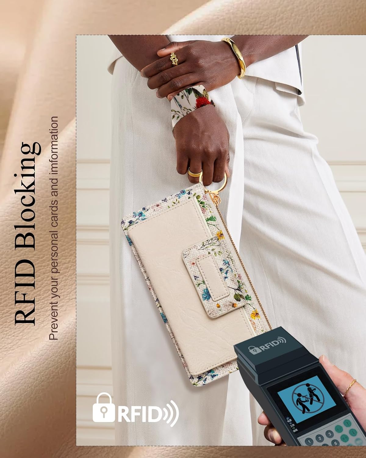 Bistup Wristlet Wallets Women - Cute Leather Ladies Teen Girls Credit Card Holder Keychain Large Capacity Flower Floral Rfid