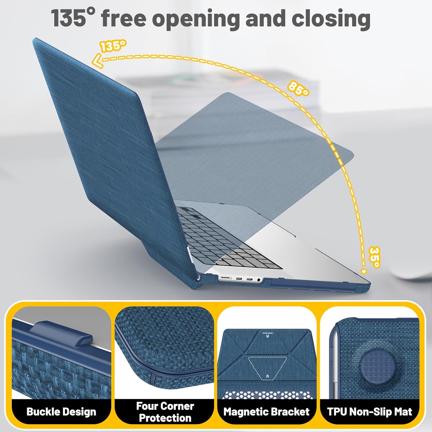Compatible for MacBook Air 15 Inch Case M4 M3 M2 2025 2024 2023, Foldable Stand and Mouse Pad/Bag, Plastic Hard Shell, Woven Fabric Protective Cover for Laptop A3241 A3114 A2941, Navy