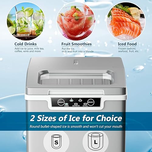 Miniatura 8 de COSTWAY Máquina de hielo para encimera, máquina de hielo eléctrica portátil de 26 libras24 horas, 9 balas de hielo  7 minutos, sistema de alarma