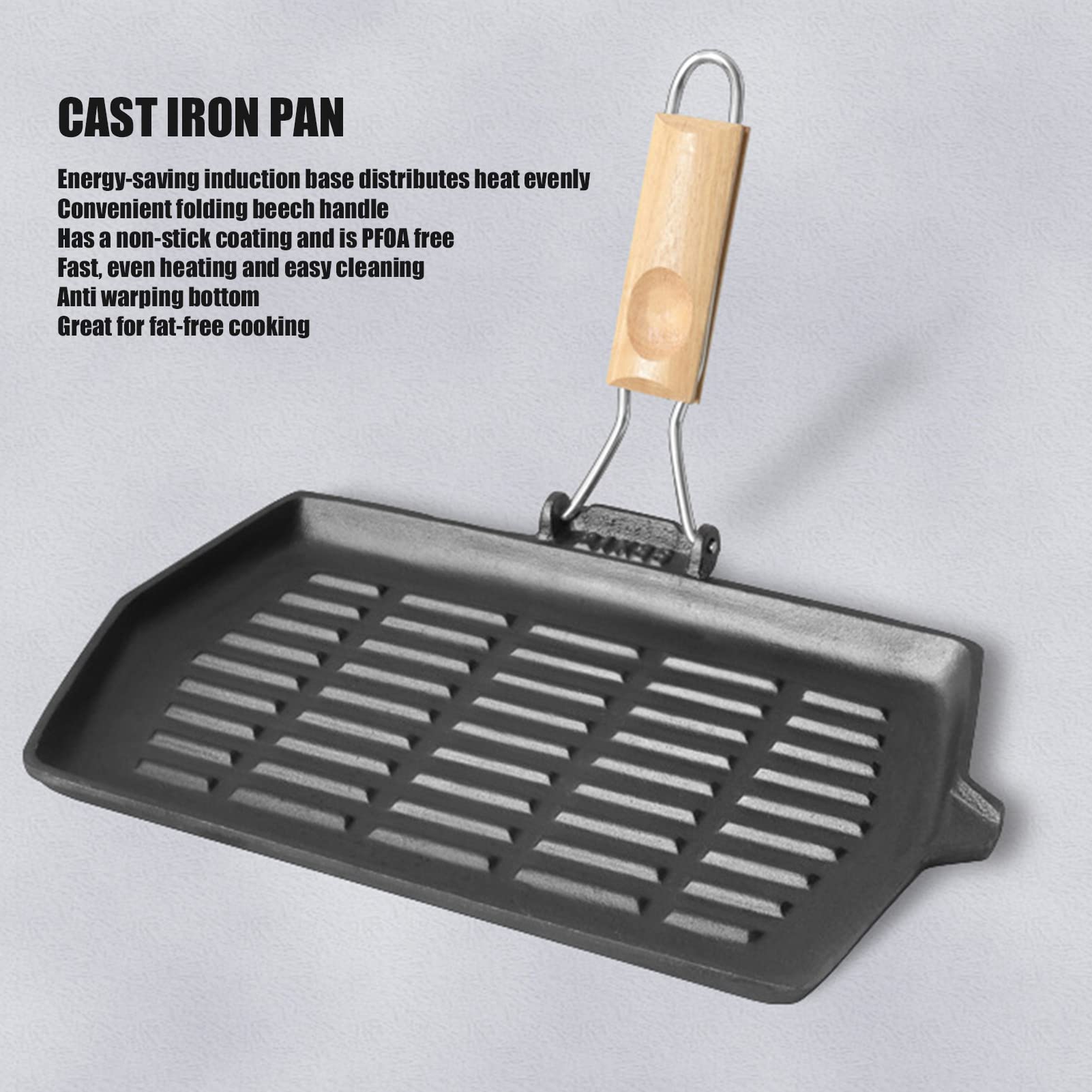 Cast Iron Grill Pan, Household Portable Folding Non Stick Even Heating Steak Frying Pan with Wooden Handle