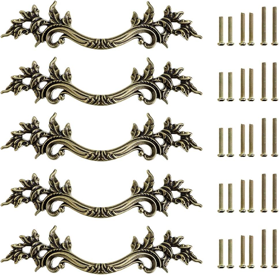 JUXYES Pack of 5 European Style Vintage Cabinet Handles Pulls, Antique Decorative Dresser Drawer Pulls Retro Drawer Pull Handles Knobs for Cupboard Cabinet (Antique Bronze)