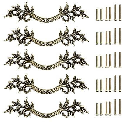 JuxYes Pack of 5 European Style Vintage Cabinet Handles Pulls, Antique Decorative Dresser Drawer Pulls Retro Drawer Pull Handles Knobs for Cupboard Cabinet (Antique Bronze)