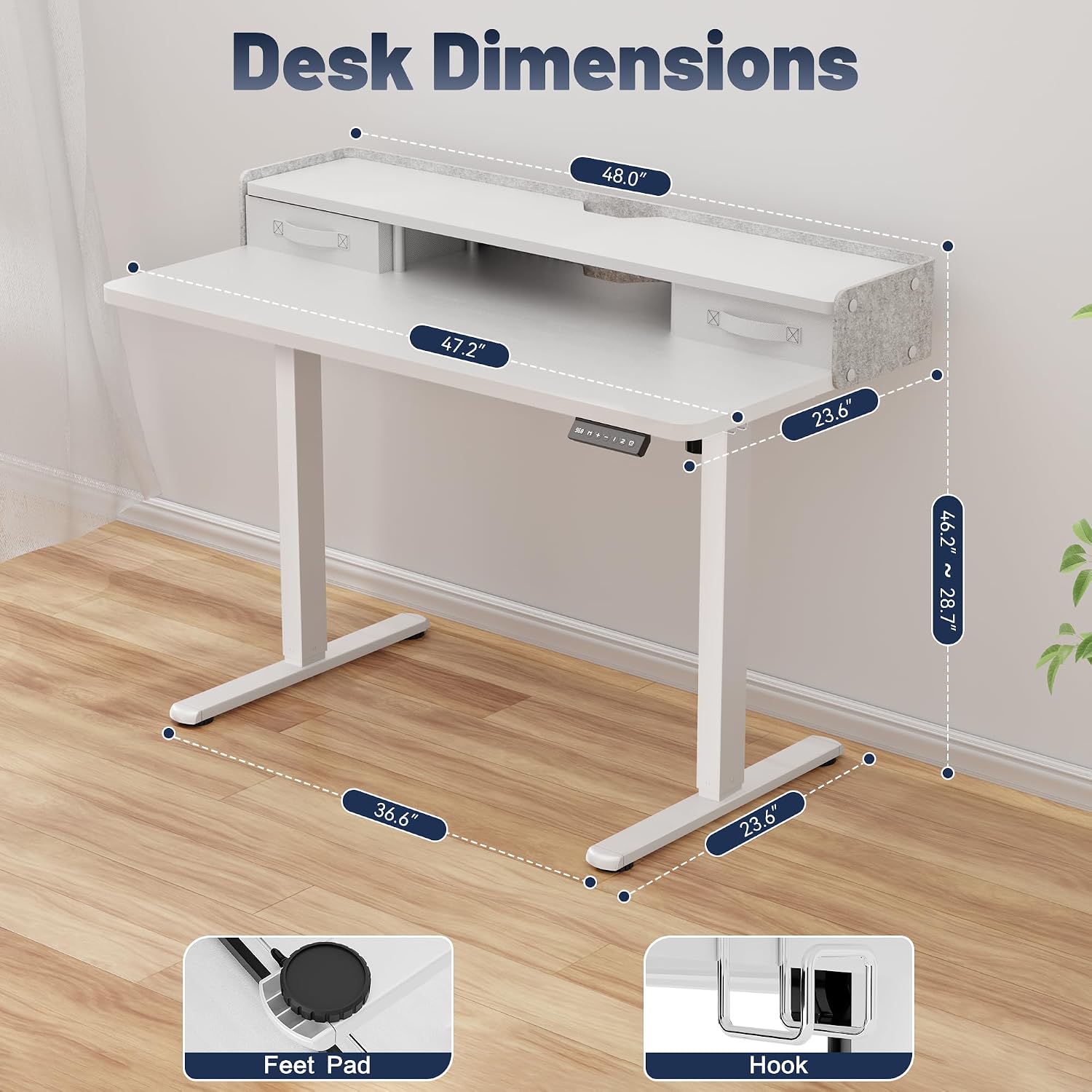 YESHOMY 48" x 23" Electric Standing Desk with 2 Storage Drawers, Height Adjustable Computer Desk, Low Noise Home Office Stand Up Desk with 2 Preset Heights & 2 Hooks, White