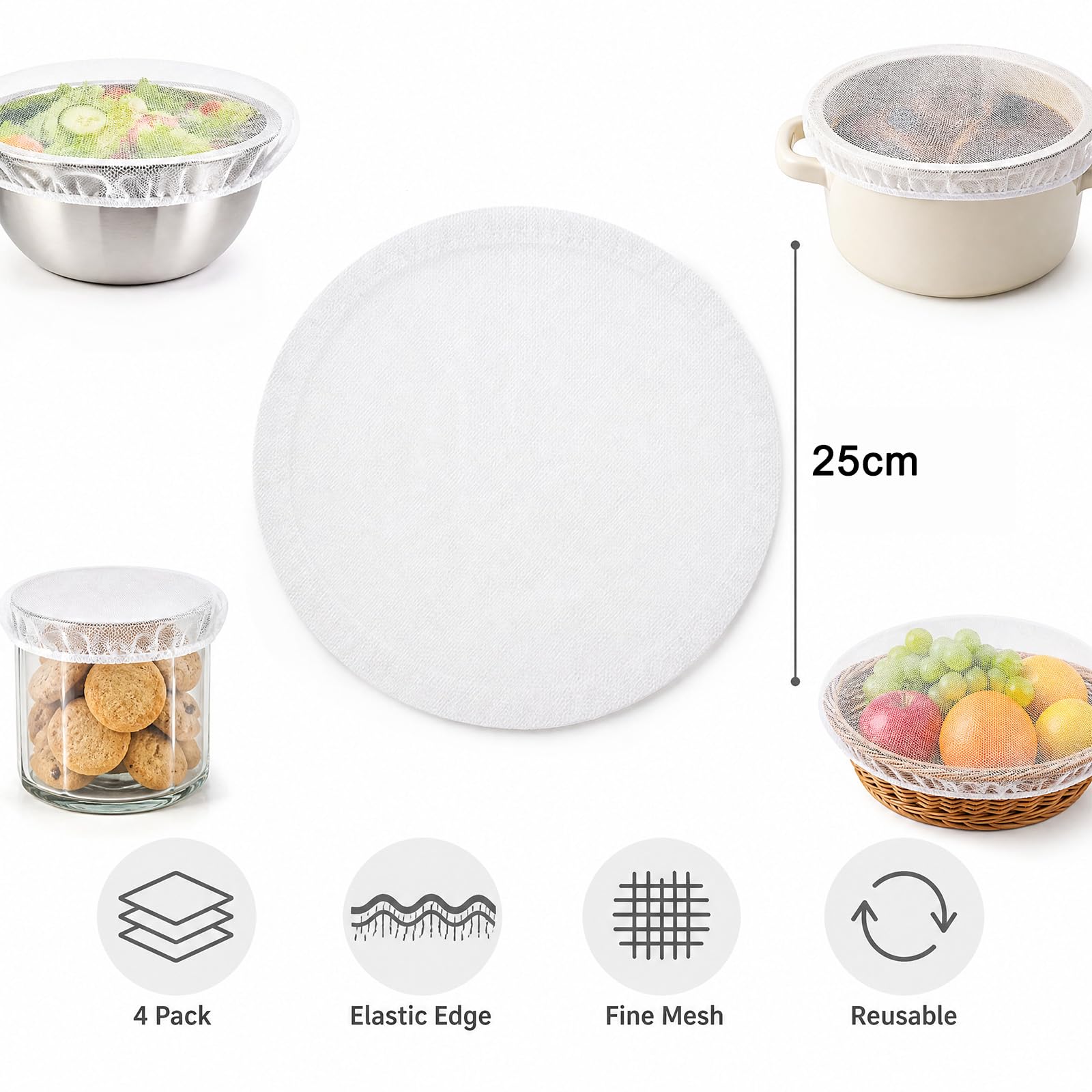 4er Set Lebensmittelabdeckung aus Mesh 20-30cm | Weißes Insektenschutznetz für Trocknen, Gären & Töpfe - Lebensmittelecht, Luftdurchlässig & Sicher