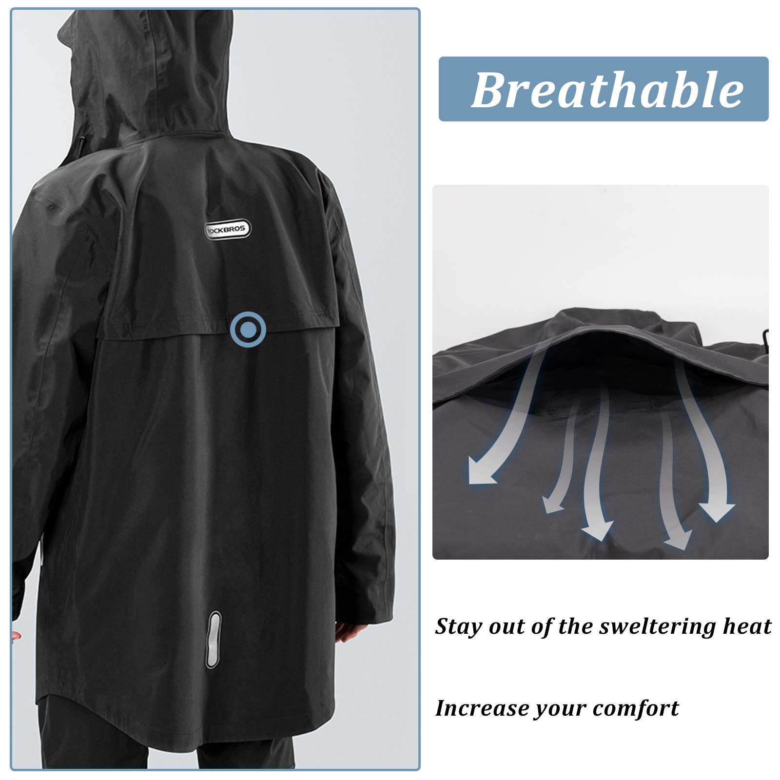 ROCKBROS Veste de Pluie Unisexe Homme Femme Longue Léger avec Pantalon de Pluie, Manteau à Capuche Imperméable pour Sports d'extérieur, Noir M-4XL
