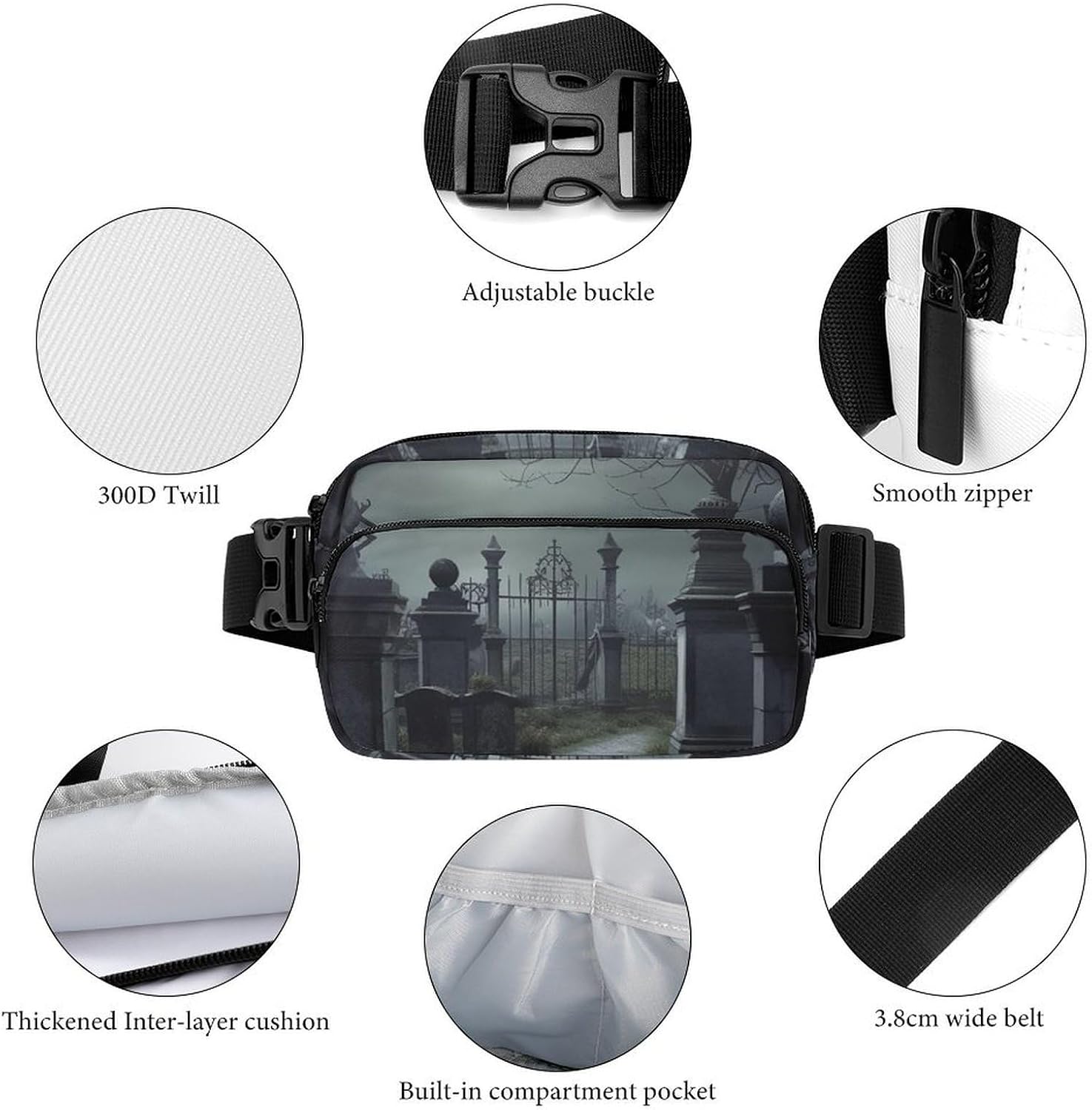 Creepy Cemetery Fanny Packs with Zipper, Personalized Waist Bags with Multiple Pockets, Adjustable Sling Bag for Travel, Waterproof Belt Bag, Crossbody Bags