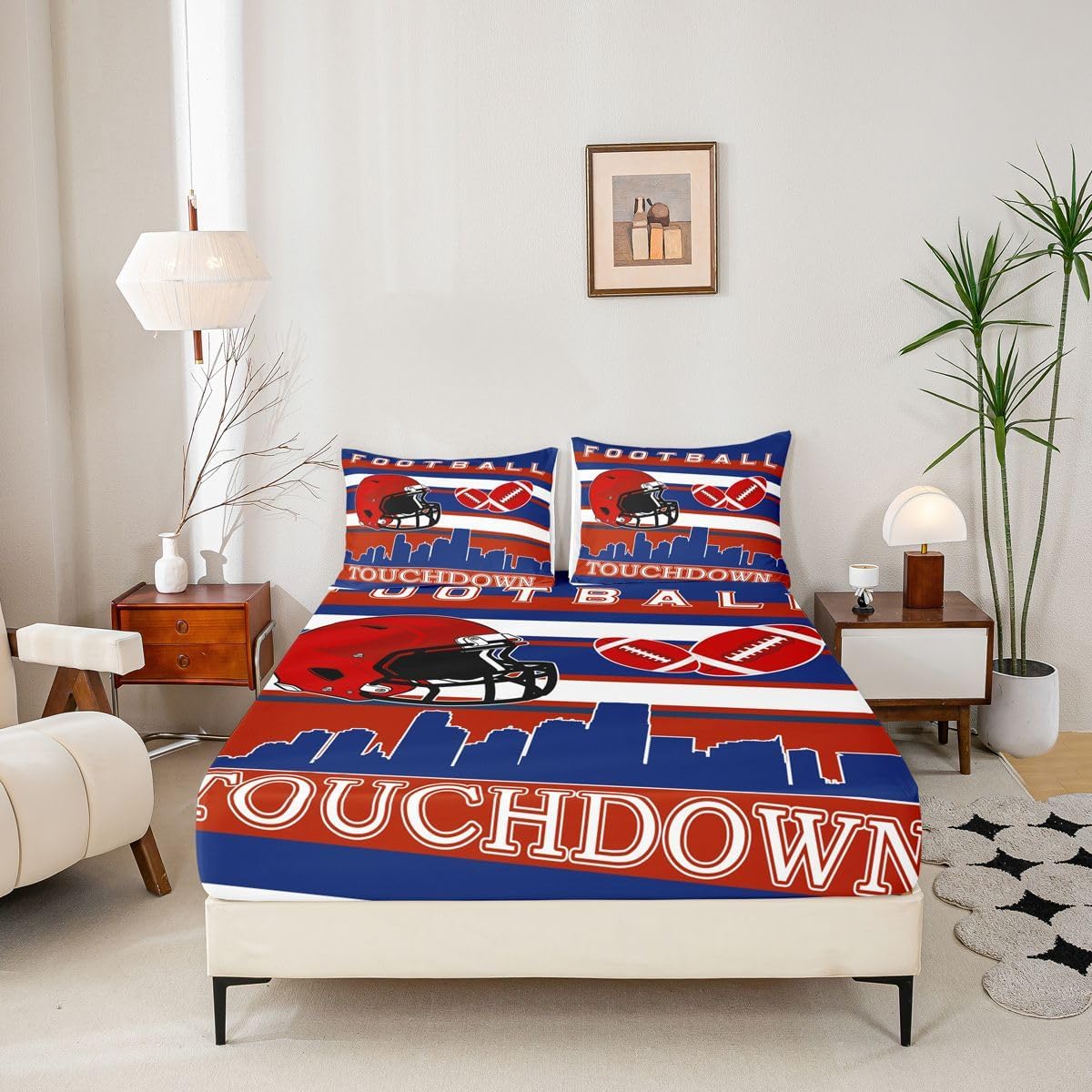American Sport Football Full Size Fitted Sheet No Top Sheet,Blue Red Rugby Game 3 Pieces Kids Teenager Room Decor Football Pocket 2 Pillowcases