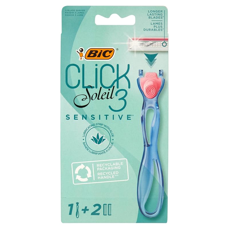 BIC Click 3 Soleil Sensitive aparelho de barbear feminino com cabo azul e 2 refis de 3 lâminas — Pacote com 1 cabo e 2 refis