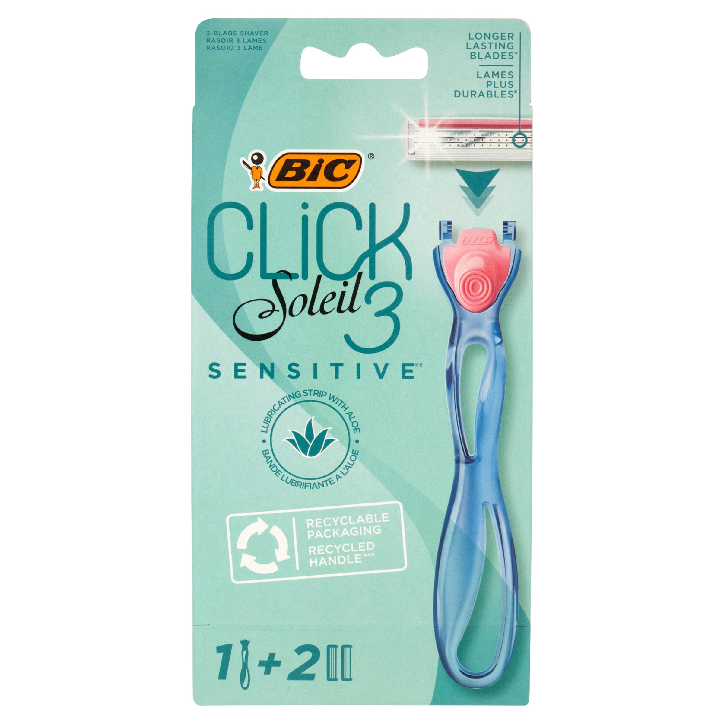 Bic Click 3 Soleil Sensitive - Rasoio ricaricabile da donna, con manico in plastica riciclata al 30% e ricariche a 3 lame, confezione da 1 + 2