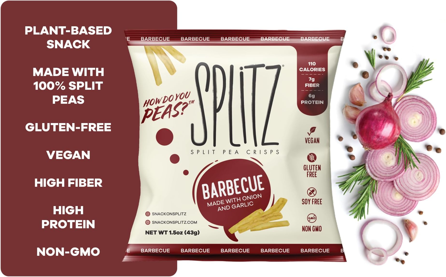 SPLITZ Split Pea Crisps Barbecue (1.5oz) 8ct Plant-Based, Organic, Non-GMO, Vegan, Gluten-Free, Superfoods, Healthy Snack for Kids and Adults, High Protein, High Fiber, Low Calorie