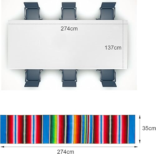 Miniatura 9 de Tudomro Camino de mesa de sarape mexicano con mantel rectangular, manta de algodón mexicano de 13.5 x 108 pulgadas, mantel de poliéster de 54 x 108