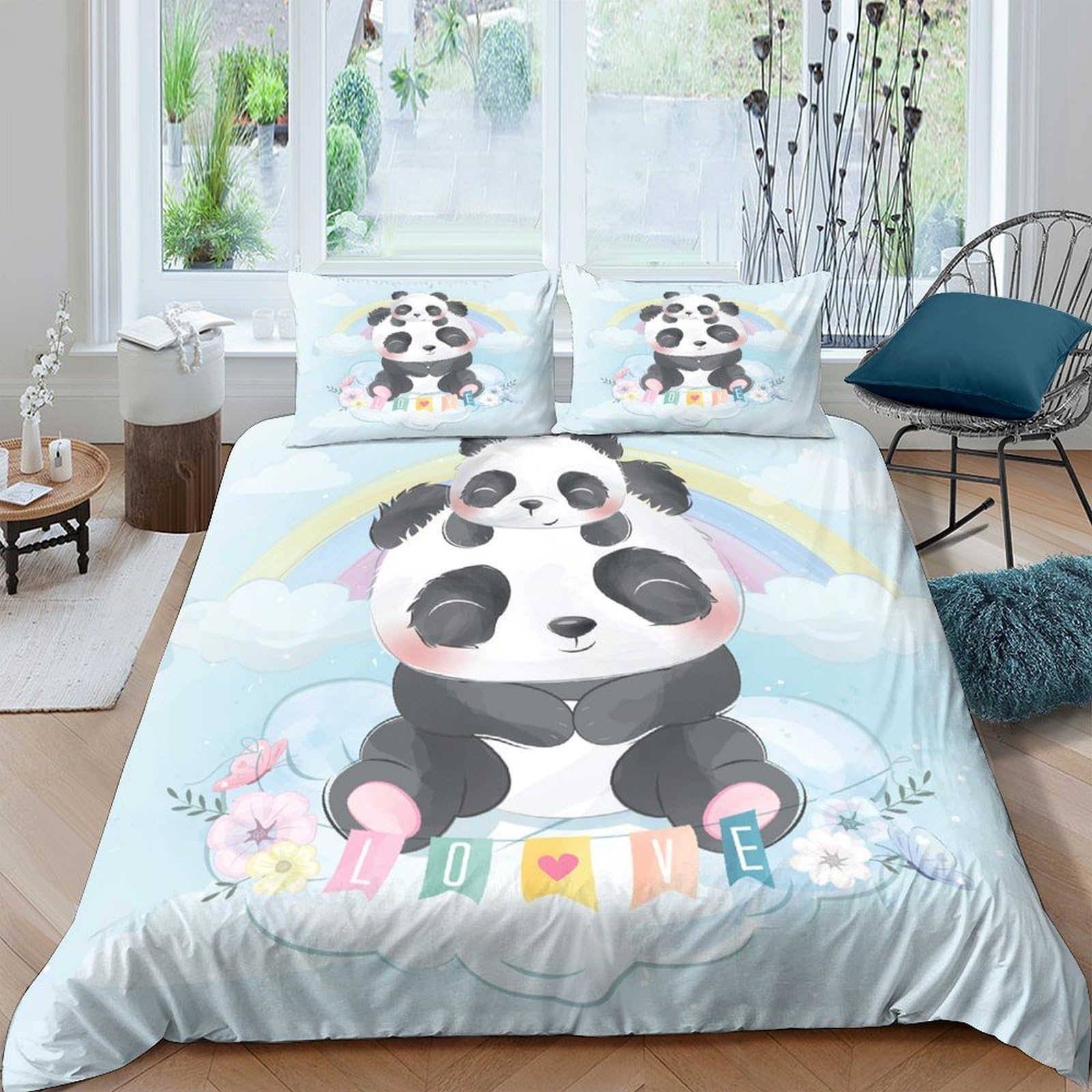 TUFRTGYHN 3D Printed Cute Panda Duvet Cover Set Microfiber Soft Breathable Rainbow Animal Bedding with 2 Pillowcases for Bedroom Decor Single（135x200cm）