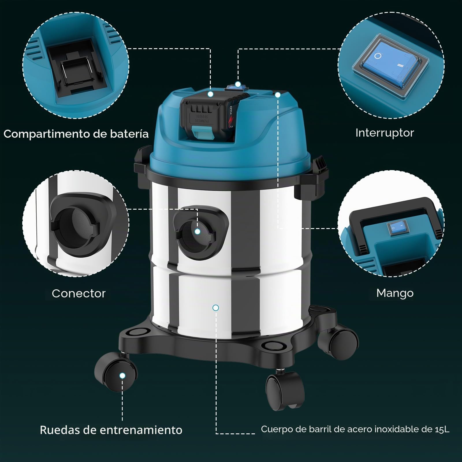 Aspiradora en húmedo y seco para batería Makita de 18V, aspirador industrial 3 en 1 con boquilla para ranuras, boquilla para tapicería, boquilla para suelo, depósito de acero inoxidable de 15 l