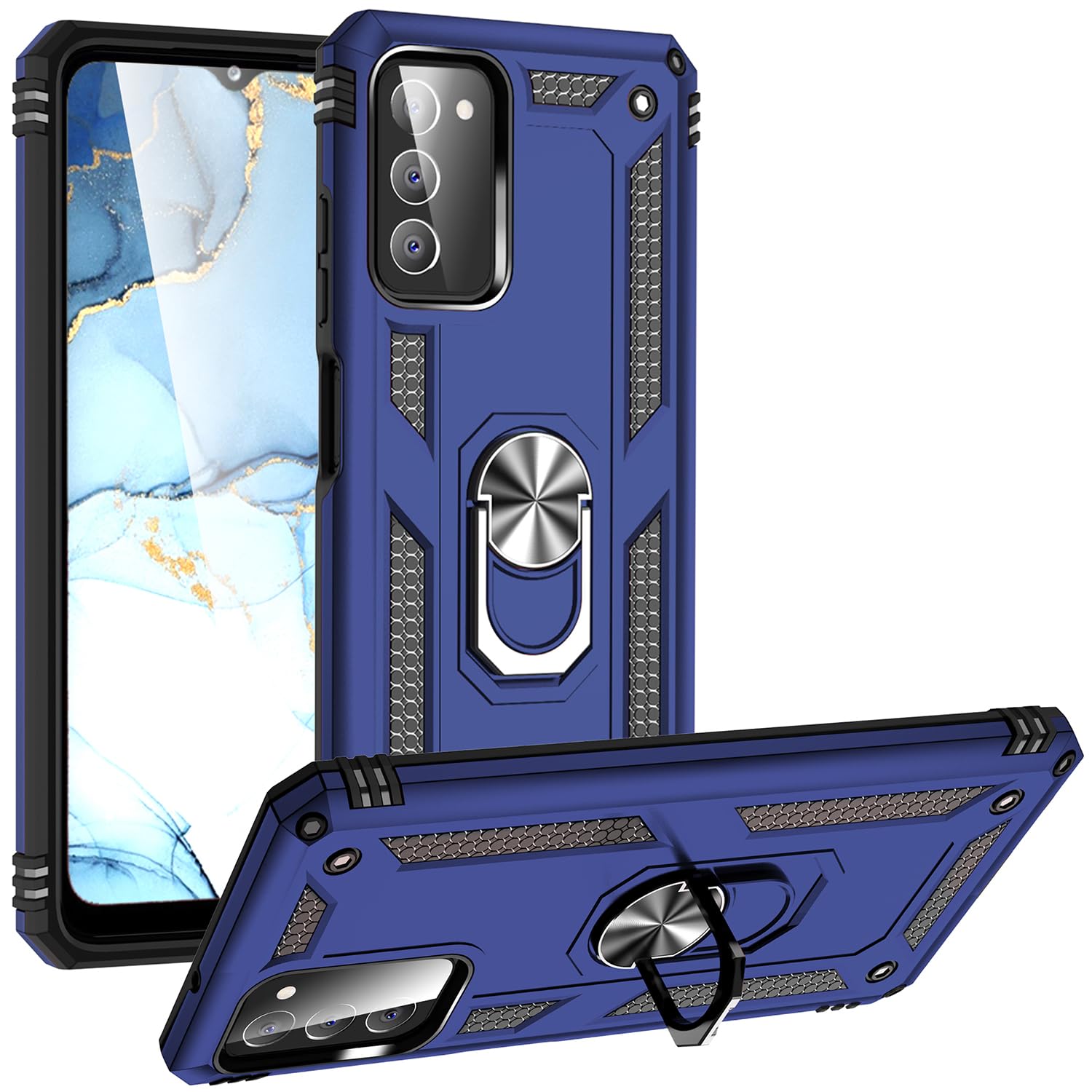 Dionsibei Military Grade Drop Impact for Samsung Galaxy A03S Case 360 Metal Rotating Ring Kickstand Holder Armor Heavy Duty Shockproof Case for Galaxy A03S Phone Case (Blue)