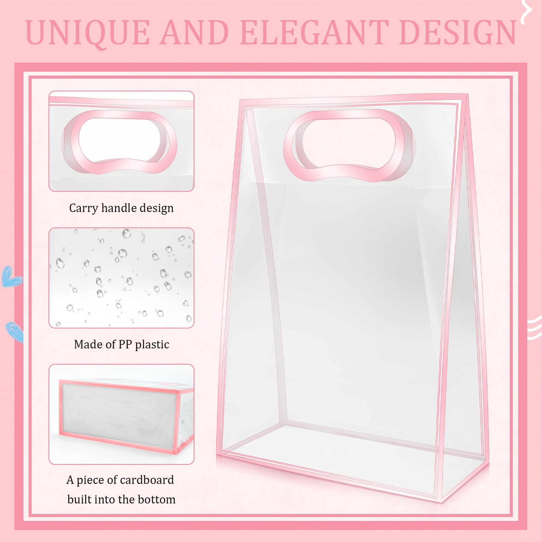 15Pack Clear Plastic Gift Bags with Handle,Reusable PP Gift Wrap Tote Bags with Ribbon for Wedding Bridal Birthday Party Baby Shower Goodies Graduation Shopping Business, 7x10x3.15 Inch (Pink)