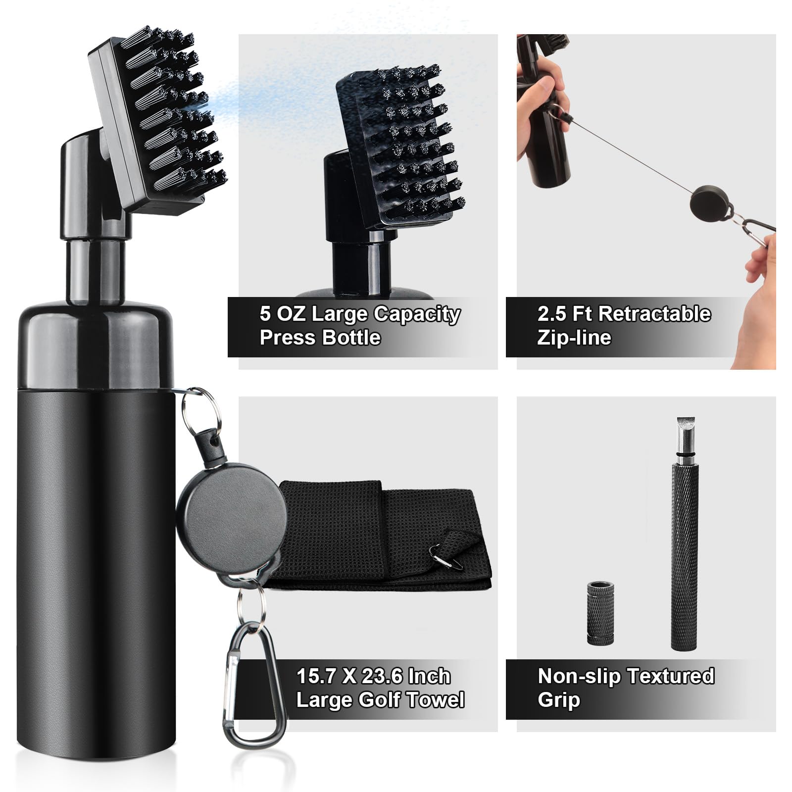 Kit de limpieza para palos de golf con afilador de ranura, toalla, cepillo de agua con botella spray y clip retráctil