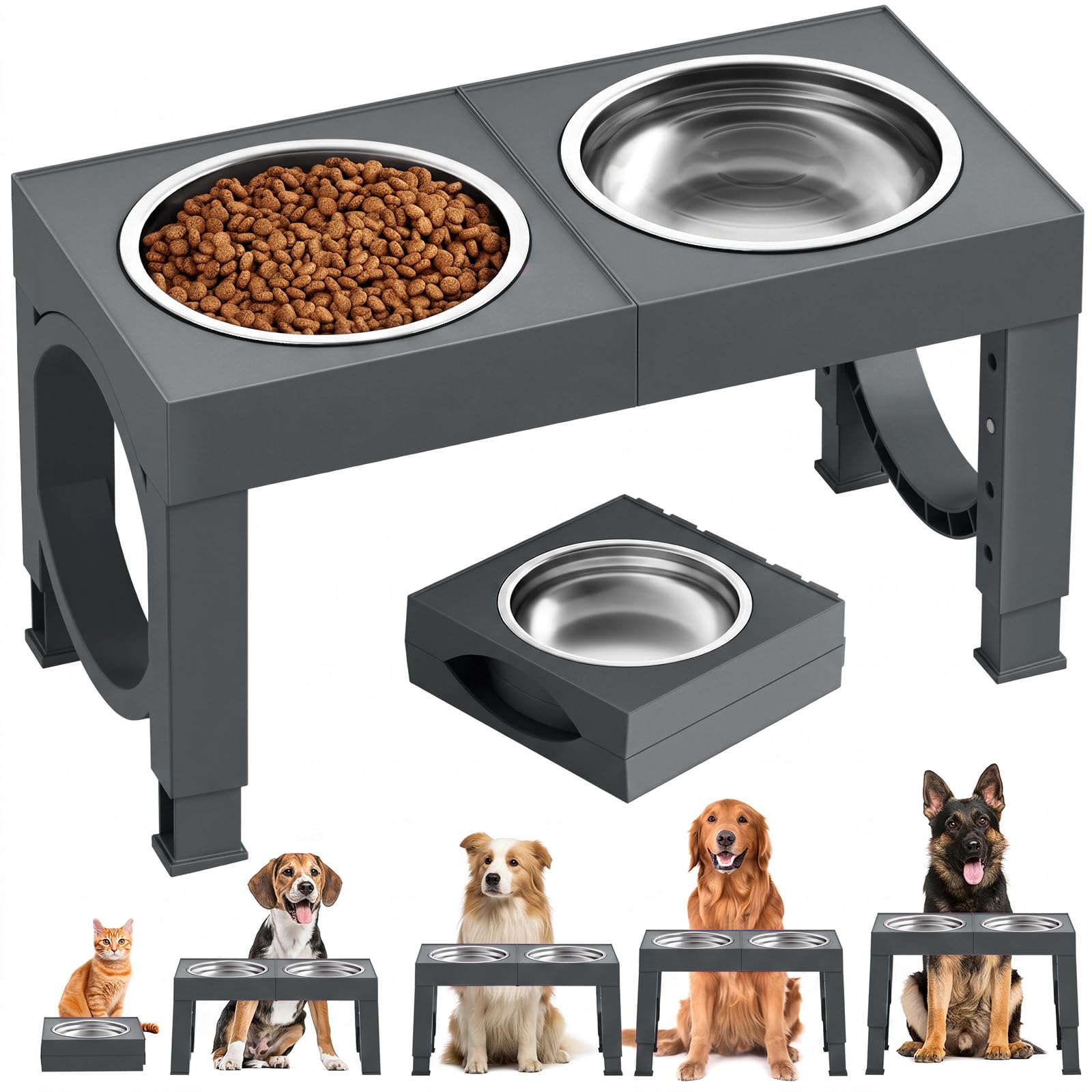 Cuencos elevados para Perros de Raza Grande XiaZ Elevado para Perros de tamaño Grande/Mediano de 1 litro, Cuenco de Comida y Agua, 5 Alturas Ajustables de 9/11/12/14 Pulgadas, Color Gris
