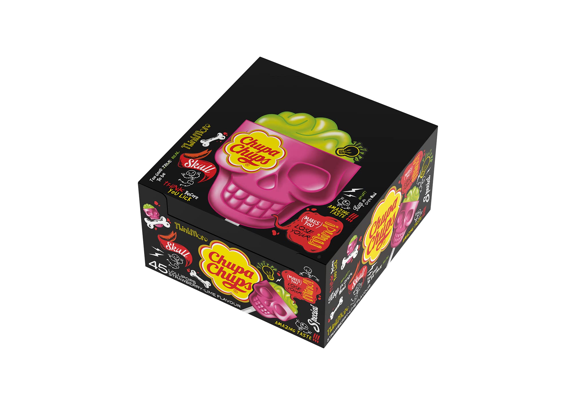 Chupa Chups Skull Lollipop, Gusto Fragola e Lime, Forma 3D Teschio, 45 Pezzi, 15g per Pezzo