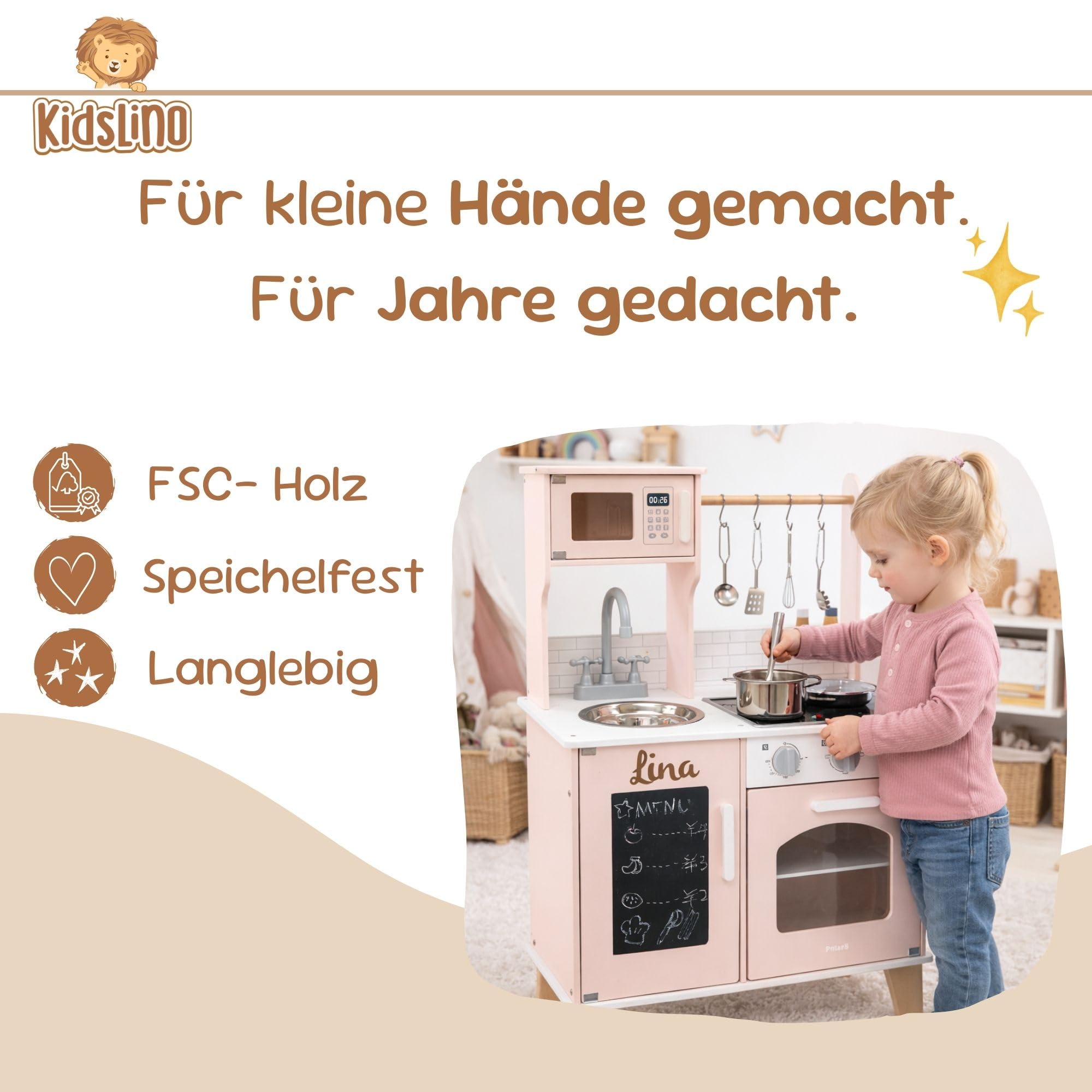 Cucina per bambini in legno personalizzabile – cucina giochi con luce e funzione sonora – cucina bambini con accessori da cucina – regalo 1 compleanno ragazza – rosa