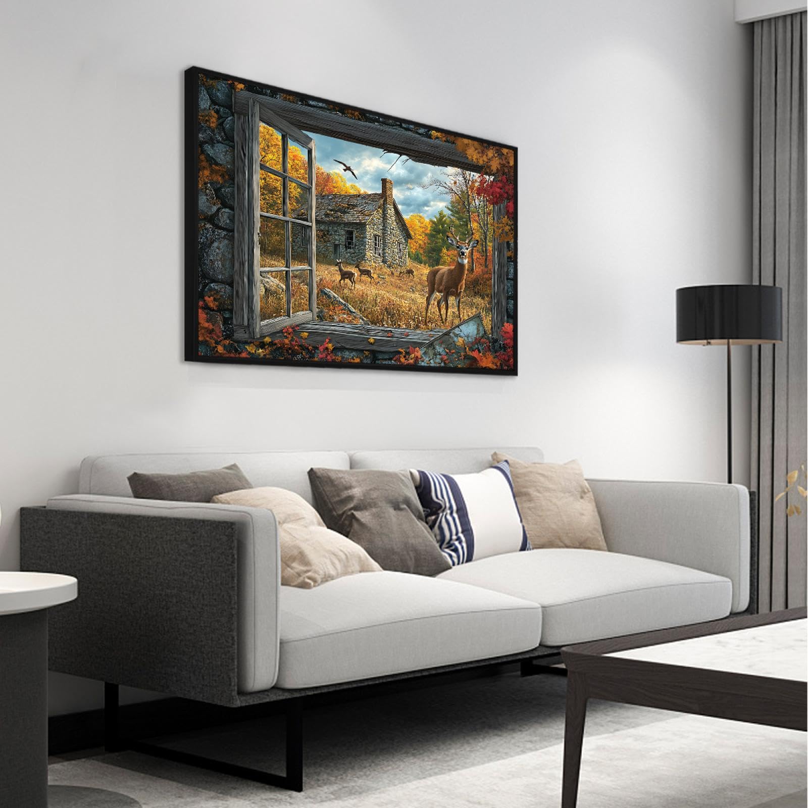 Cabaña de otoño ciervo Lienzo Arte de pared Naturaleza Paisaje Cuadros Rústico Vida silvestre Obras de arte Impresiones Bosque escénico Pósters Pintura Decor del hogar 60x90cm Con-marco-negro