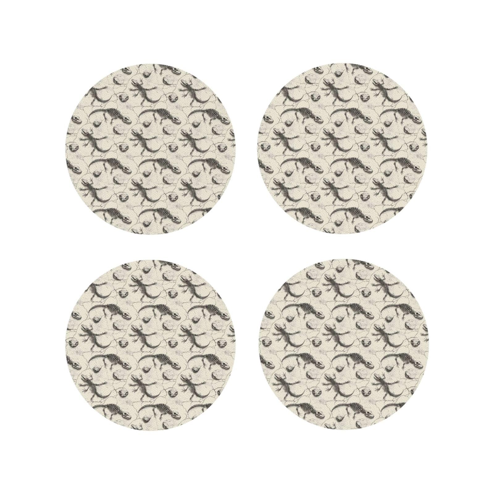 Leather Coasters Set of 4 - Vintage Lizard Skull Print Lightweight Drink Coasters for Desk