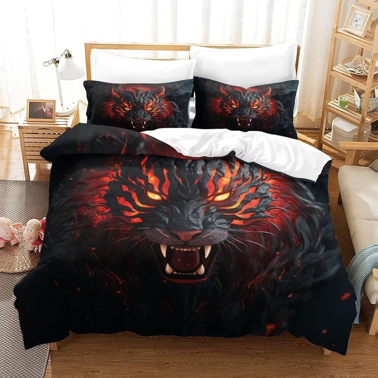 Roadchoice Tiger Duvet Cover Black Panther Twin SizeComforter Cover Set Cartoon Beast Teenager Child Bedding Set Three Piece Suit, 1 Duvet Set with 2