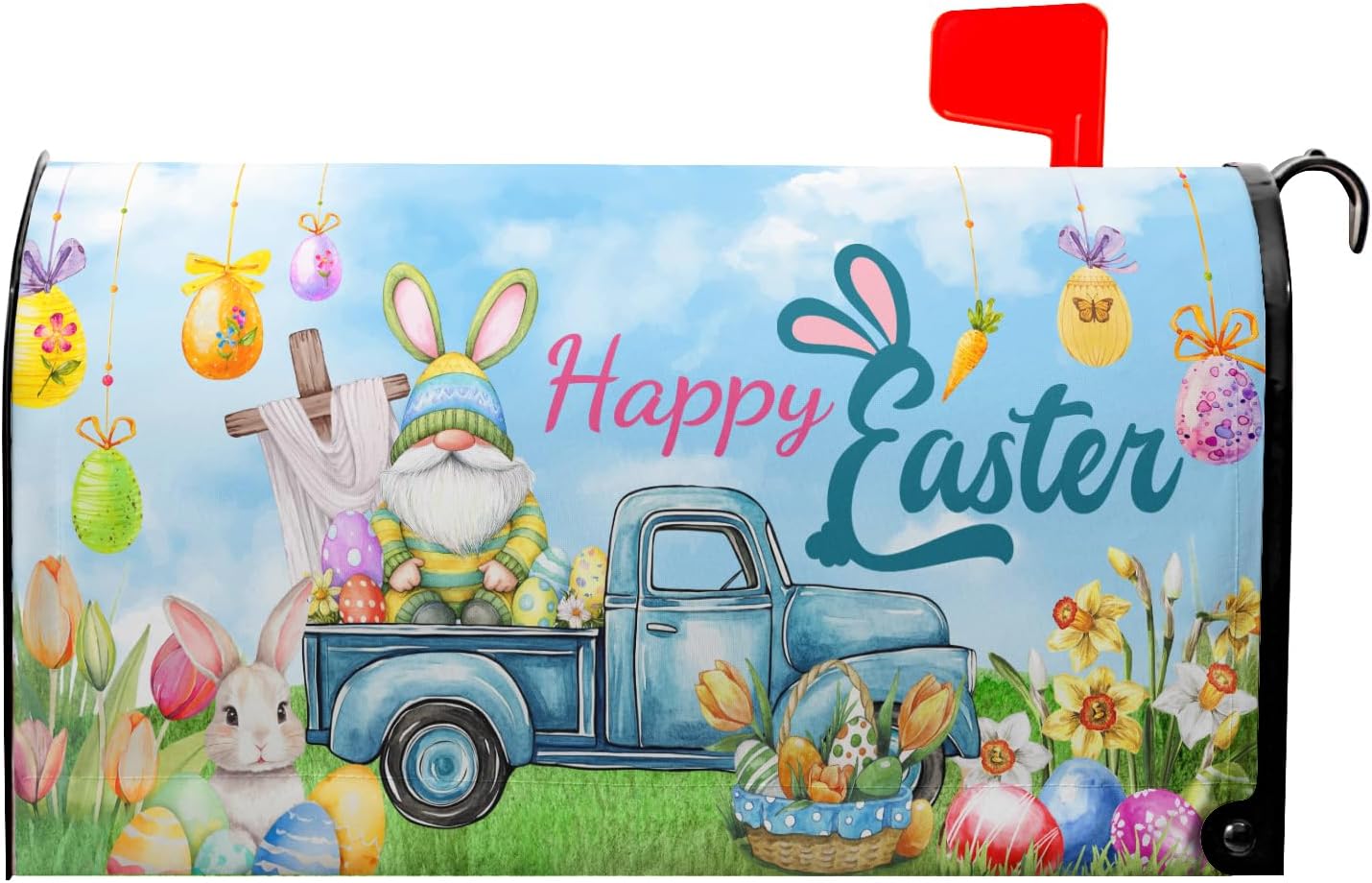 Happy Easter Mailbox Cover Easter Gnome Truck Mailbox Covers Magnetic Standard Size 18"x21" Spring Flowers Mailbox Cover Easter Holiday Mailbox Decorations Post Letter Box Covers for Home Yard Outside
