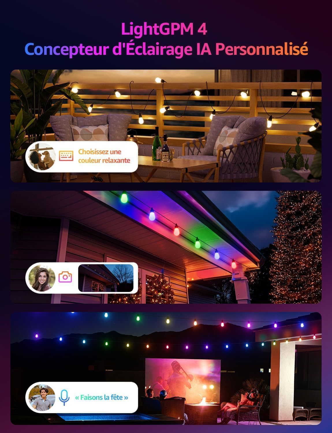 Lepro ZB1 IA Guirlande Lumineuse Extérieur Intelligente 15M Contrôle Vocal | Concepteur d'Éclairage IA Personnalisé, Music Sync, Contrôle Segmenté Intelligent Compatible avec Alexa et Google Assistant