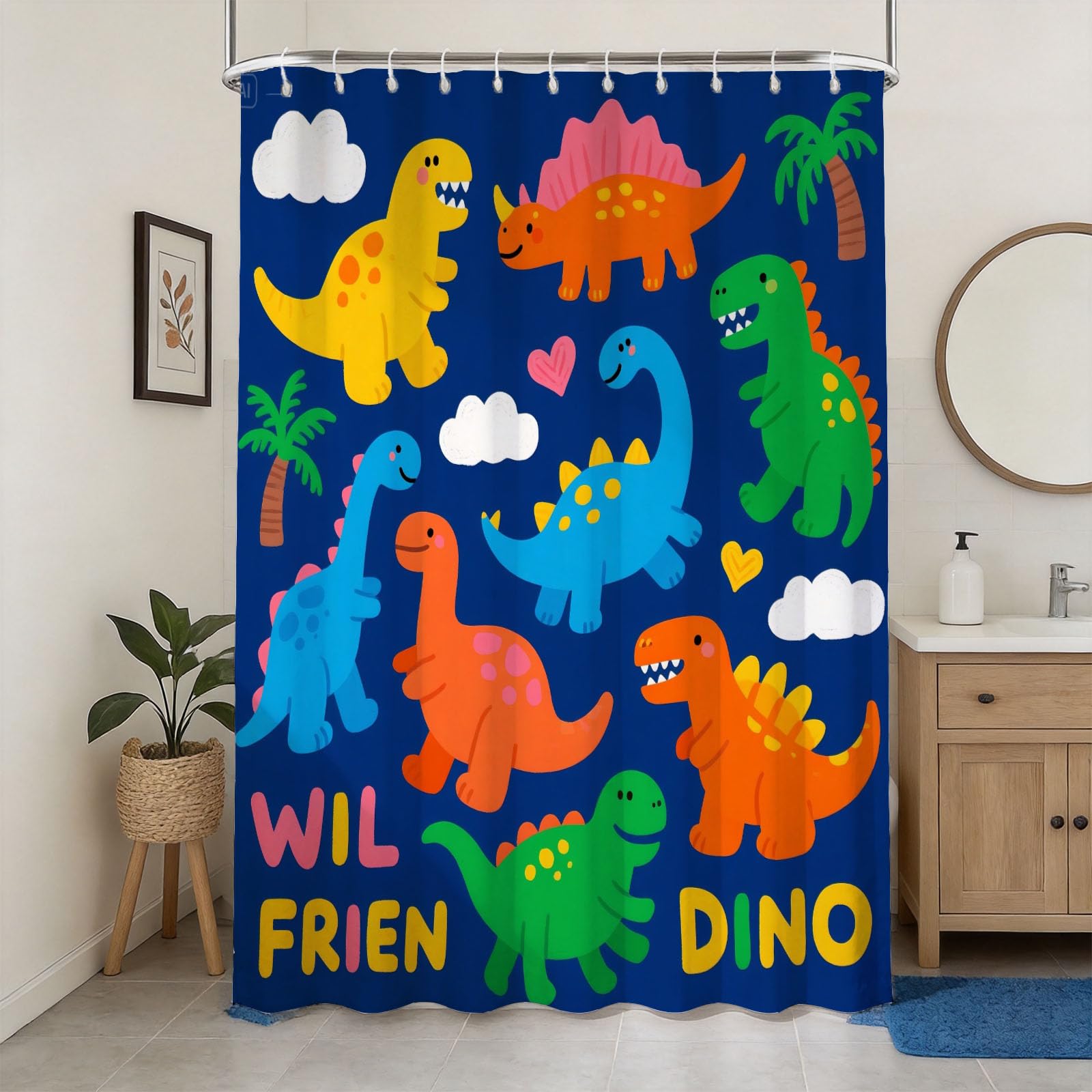 Hongduo 3D Kids Dino Shower Curtain for Stalls Bathtubs Cute Dinosaur Bathroom Decor Shower Curtain Set Polyester Fabric Waterproof 180x180cm/71X71 Inch with Hooks